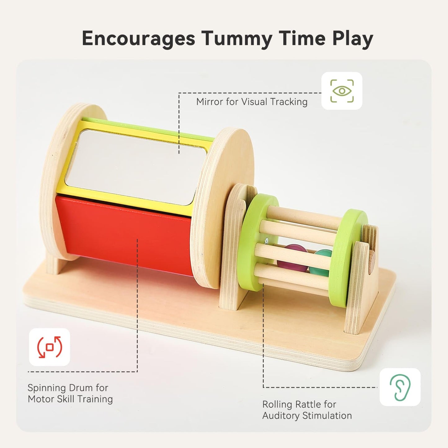IEATFO Tummy Time Toys - Rain Stick Toy with Stand, Sensory Sound Training Tool for Kids - Wooden Spinning Drum & Rolling Rattle Combo