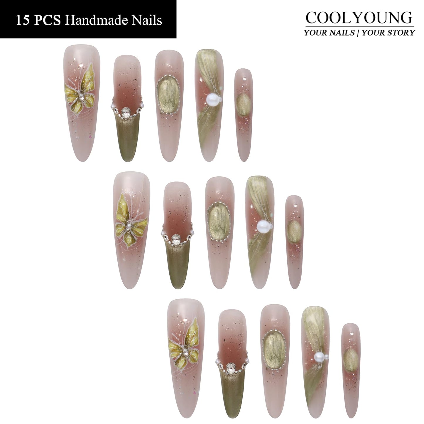 Handmade Press On Nails Long Green Press On Nails Acrylic Nude Nails Women Gifts French Press On Nails COOLYOUNG Handmade Nails, 15 PCS, Size M