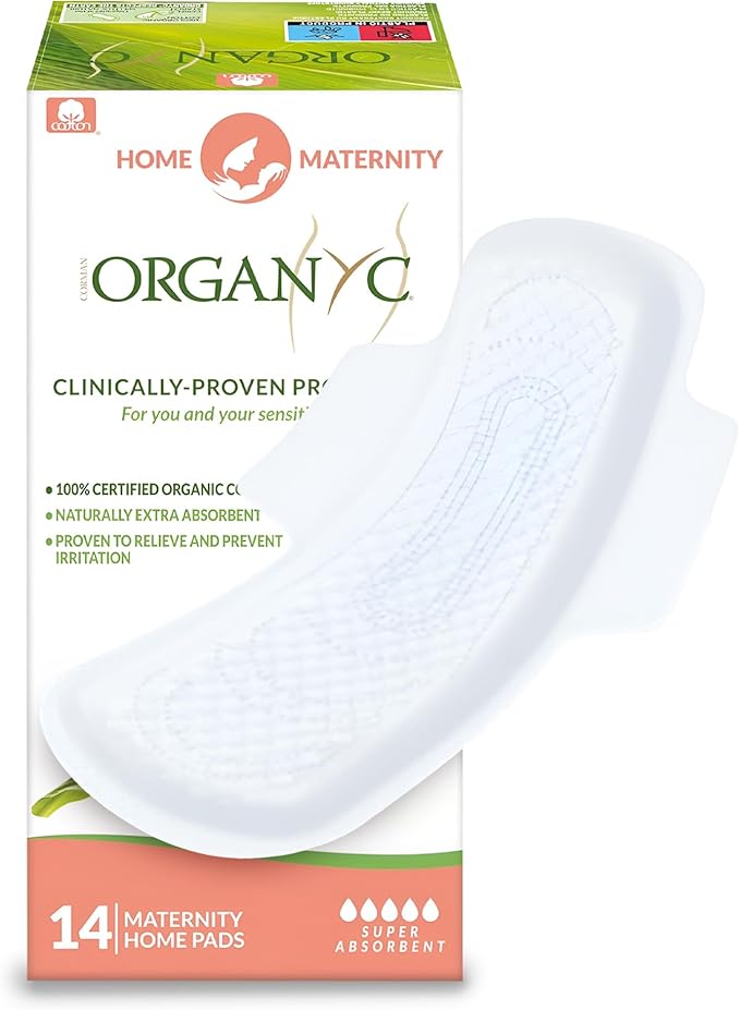 Organyc Home Postpartum Pads, Certified Organic Cotton Pads for Women, Large Pads for Heavy Flow Days After Childbirth, 14 Counts
