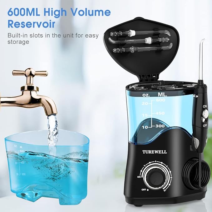 TUREWELL FC162 Water Dental Flosser for Teeth/Braces,10 Pressure Levels, 8 Water Jet Tips for Family, 600ML Electric Water Dental Oral Irrigator for Teeth-Clean (Black)
