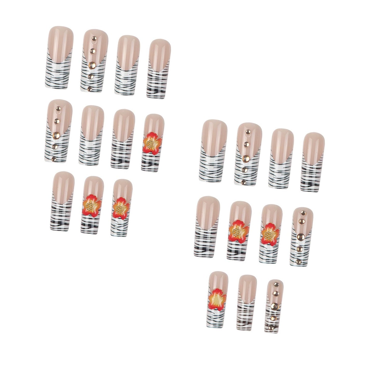IMRAIN Long Press on Nails Square Fake Nails Zebra Stripes French Tips False Nails with Orange 3D Flower Designs Full Cover Glossy Acrylic Gel Handmade Glue on Nails for Women