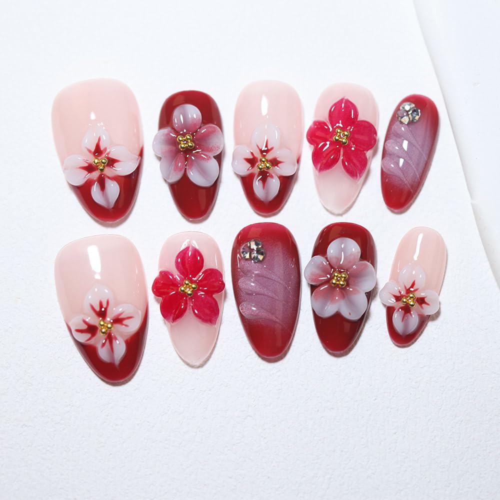10 short Almond Handmade Press On Nails | 3D Floral Red & Nude Romantic Cherry Blossom Design with Rhinestones,New styles | Skip Salon Trips, Easy to Apply & Remove, Reusable (251108, S)