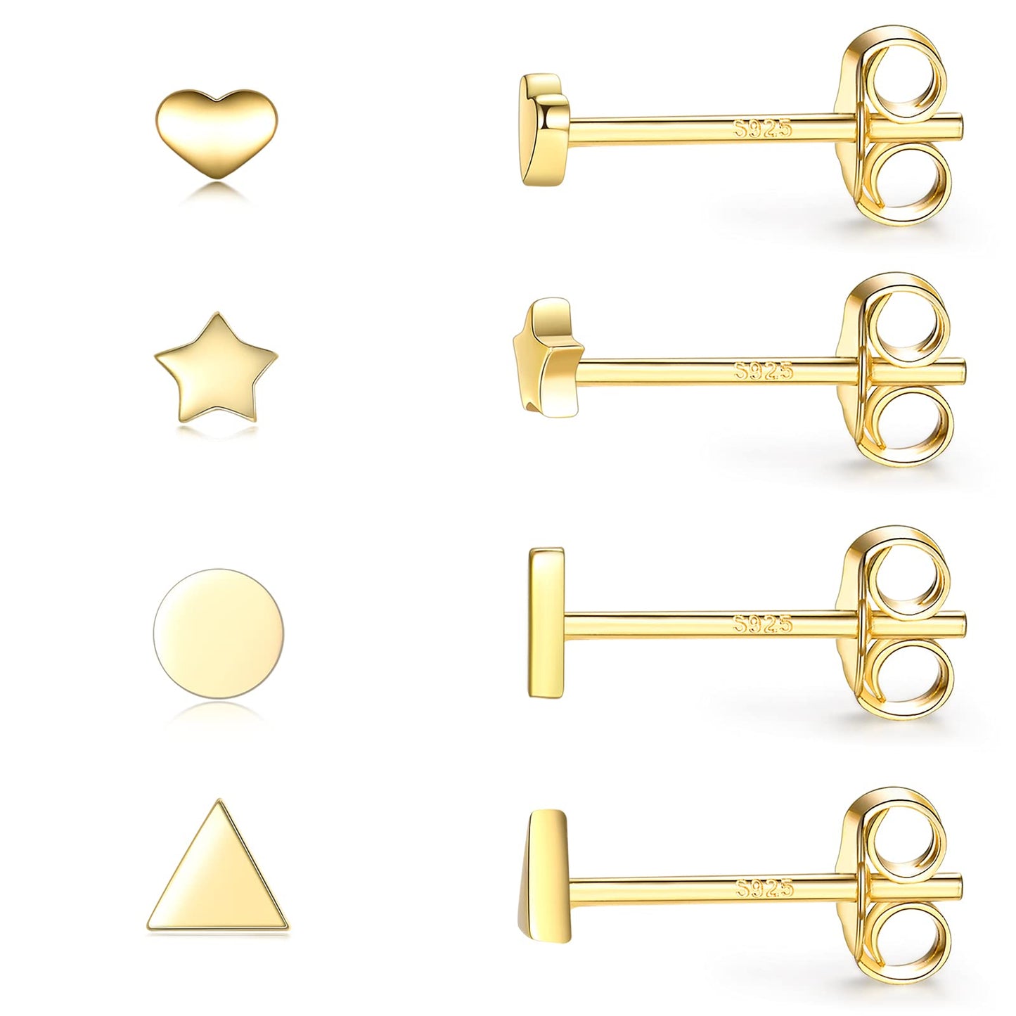 Sterling Silver Stud Earrings for Women Men- 4 Pairs of Hypoallergenic Simple Geometric Small Stud Earring Set Tiny Circle Triangle Heart Star Stud Earrings Mini Cartilage Tragus Earrings, Gold