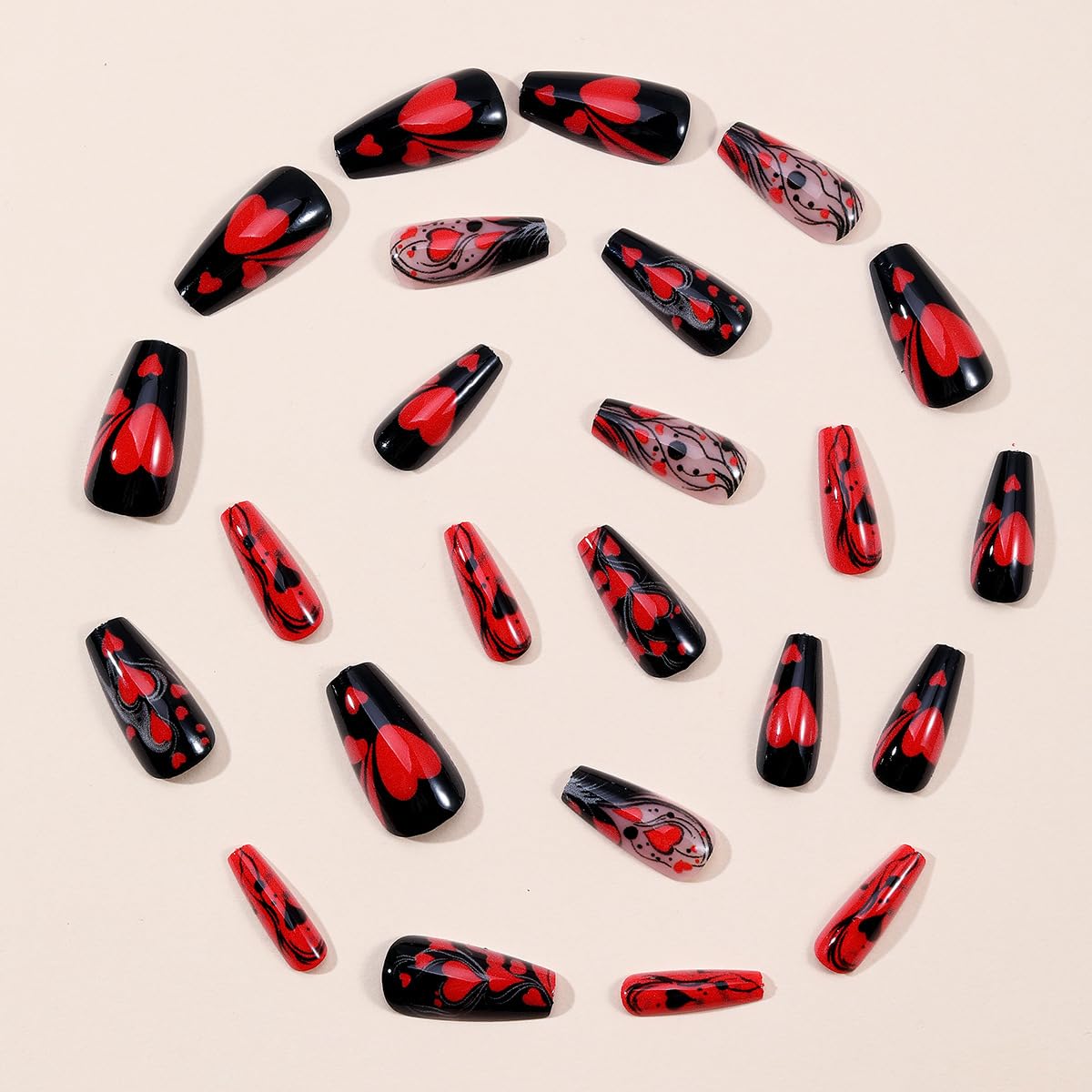 24Pcs Valentine Black Press on Nails Medium Coffin Heart Fake Nails Red Glossy Full Cover Acrylic Glue on Nails with Black Stripe False Nails Valentine Stick on Nails Holiday Nails for Women