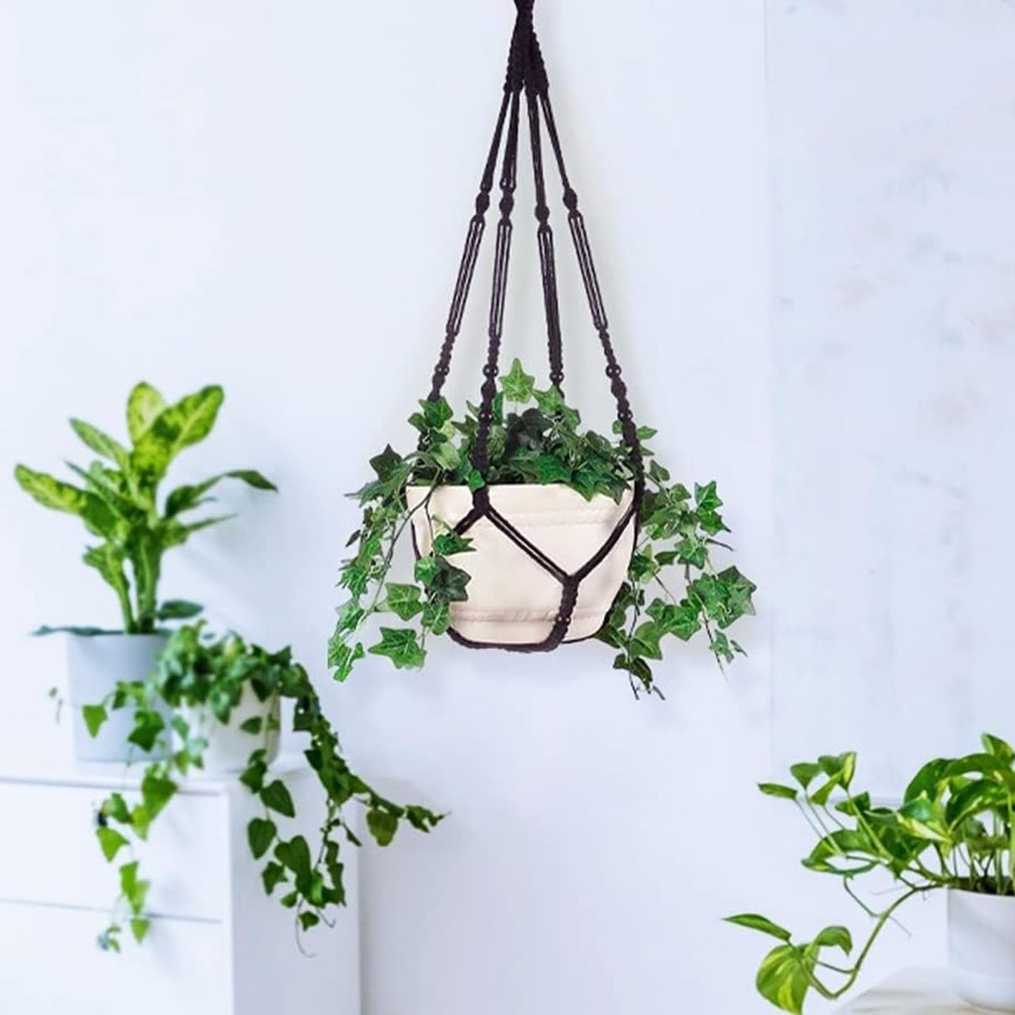 AKEIE Macrame Plant Hanger 3 Pack Indoor & Outdoor Wall Hanging Planter + 3 Hooks Hanging Planters Basket Cotton Rope 35 Inch with Beaded and Non-Tassel Planter Durable(Black)