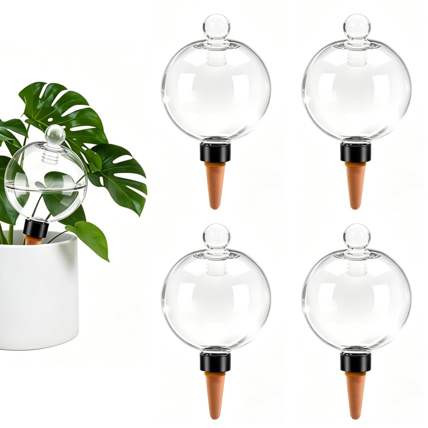 4pcs Plant Self Watering Globes with Covers, Plastic Water Bulbs Top Fill, Plant Watering Devices System Slow Release Terracotta, Water Spikes Stakes for Indoor (4)