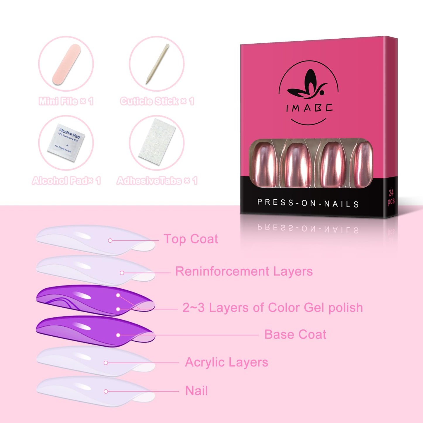 Pink Metal Mirror Press on Nails - iMABC False Nails - Oval Short Length Chrome Designed Finger Daily Wear Nail Acrylic Reusable Full Cover Solid Color Artificial Fake Nails 24pcs