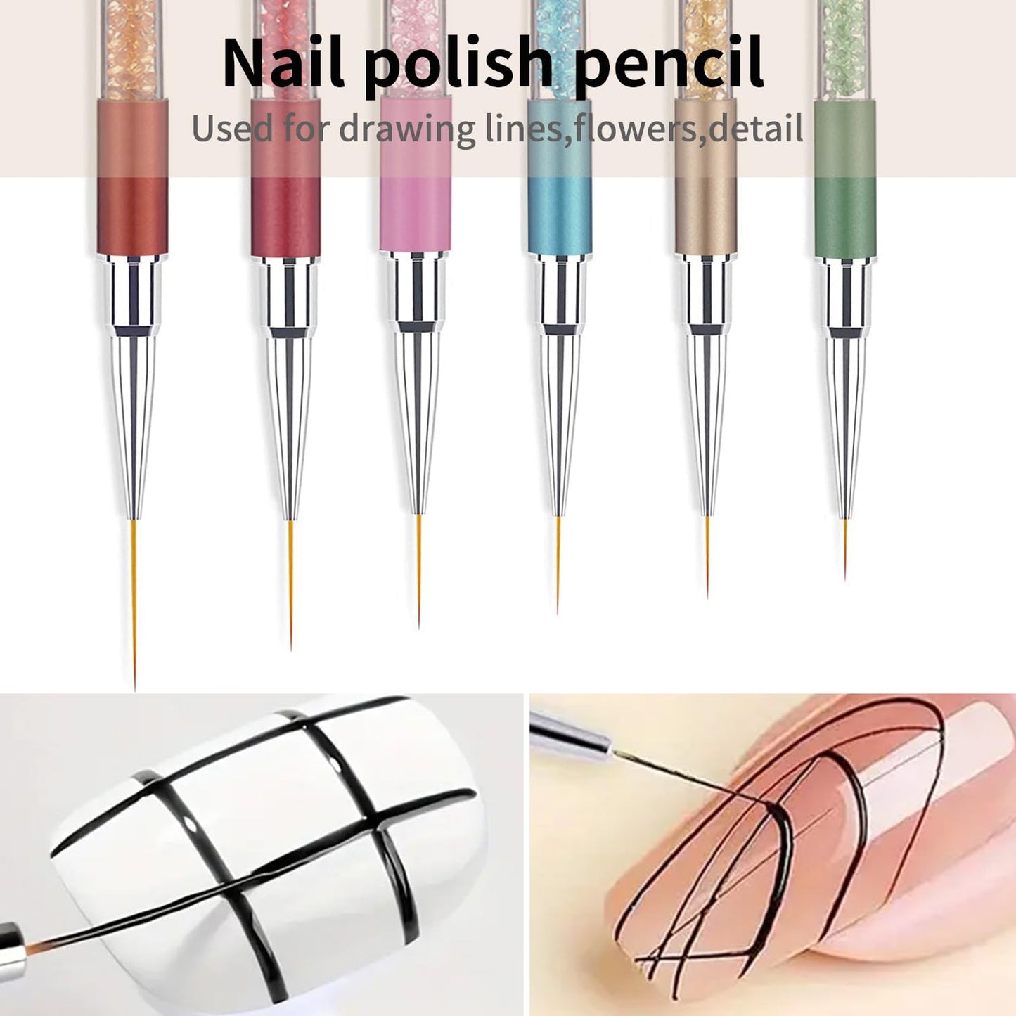 6Pcs Rhinestone Handle Ultra-Fine Nail Liner Brush Set - Professional Striping Brushes for Intricate Nail Art, Multi-Color Crystal Handle Gel Polish Liner Brushes for Salon & DIY Manicure Detailing