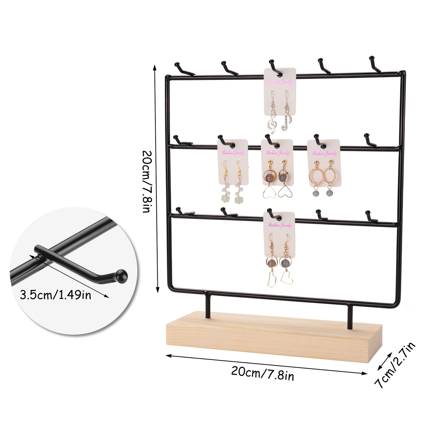 RUINENGDA Earring Display Stands for Selling 3 Tier 15 Hooks Jewelry Display Wooden Base Earring Holder Organizer Display Stand for Necklaces Rings Bracelets Keychains (Black)