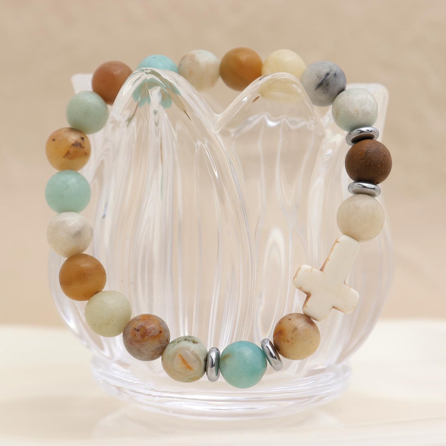 Frigotine Cross Amazonite Beaded Stretch Protection Bracelet for Woman, Handmade Healing Natural Stone Chakra Beads Elastic Bracelets Catholic Religious Accessories Fashion Jewelry Gift