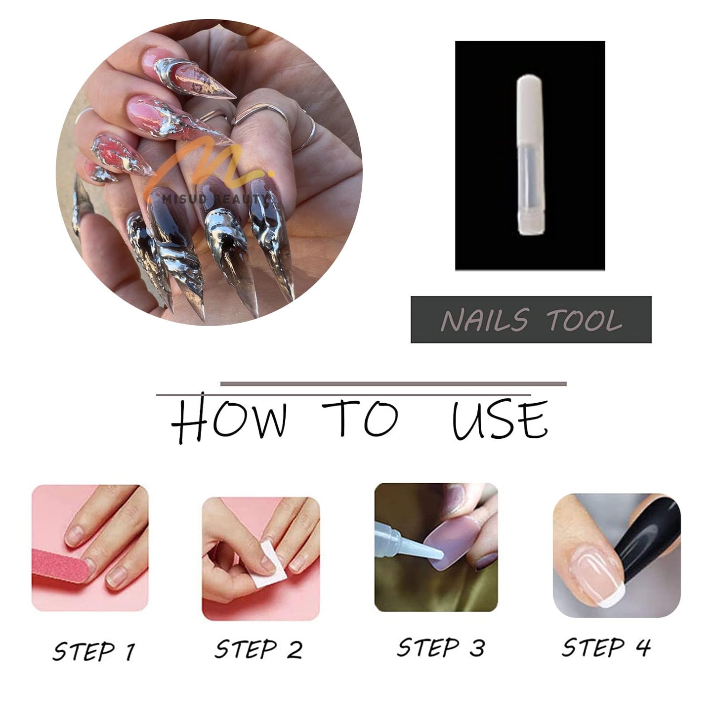 MISUD Press on Nails - Long Stiletto Glue on Nails with Goth Pink Black, Acrylic 3D Silver Chrome Design 24 pcs