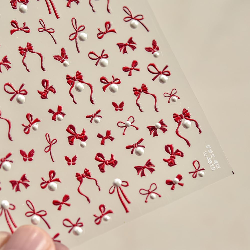Red Bow Pearls Nail Stickers 5D Embossed – Premium Salon-Quality Nail Charm Accessories, Easy Application & Self-Adhesive Pearled Bows Decal for DIY Manicure, Nail Art, Press on, Home or Salon Use