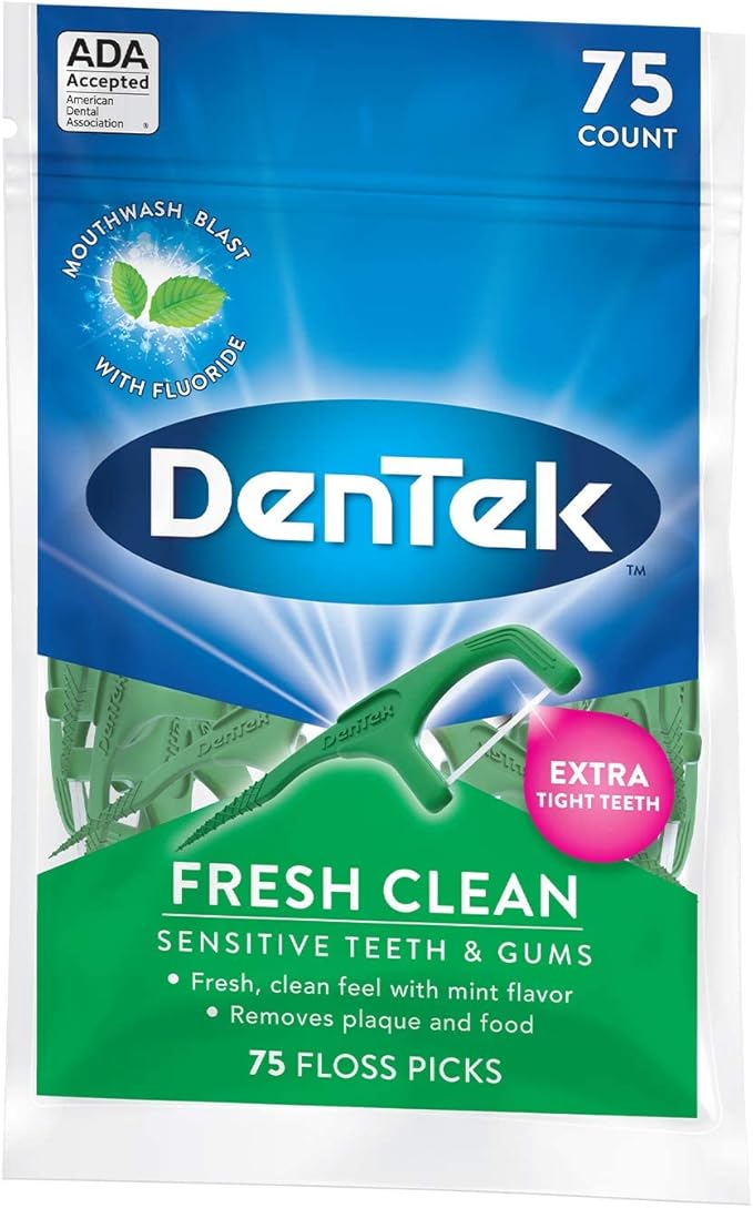 DenTek Fresh Clean Floss Picks, for Extra Tight Teeth, 75 Count, (Pack of 6)