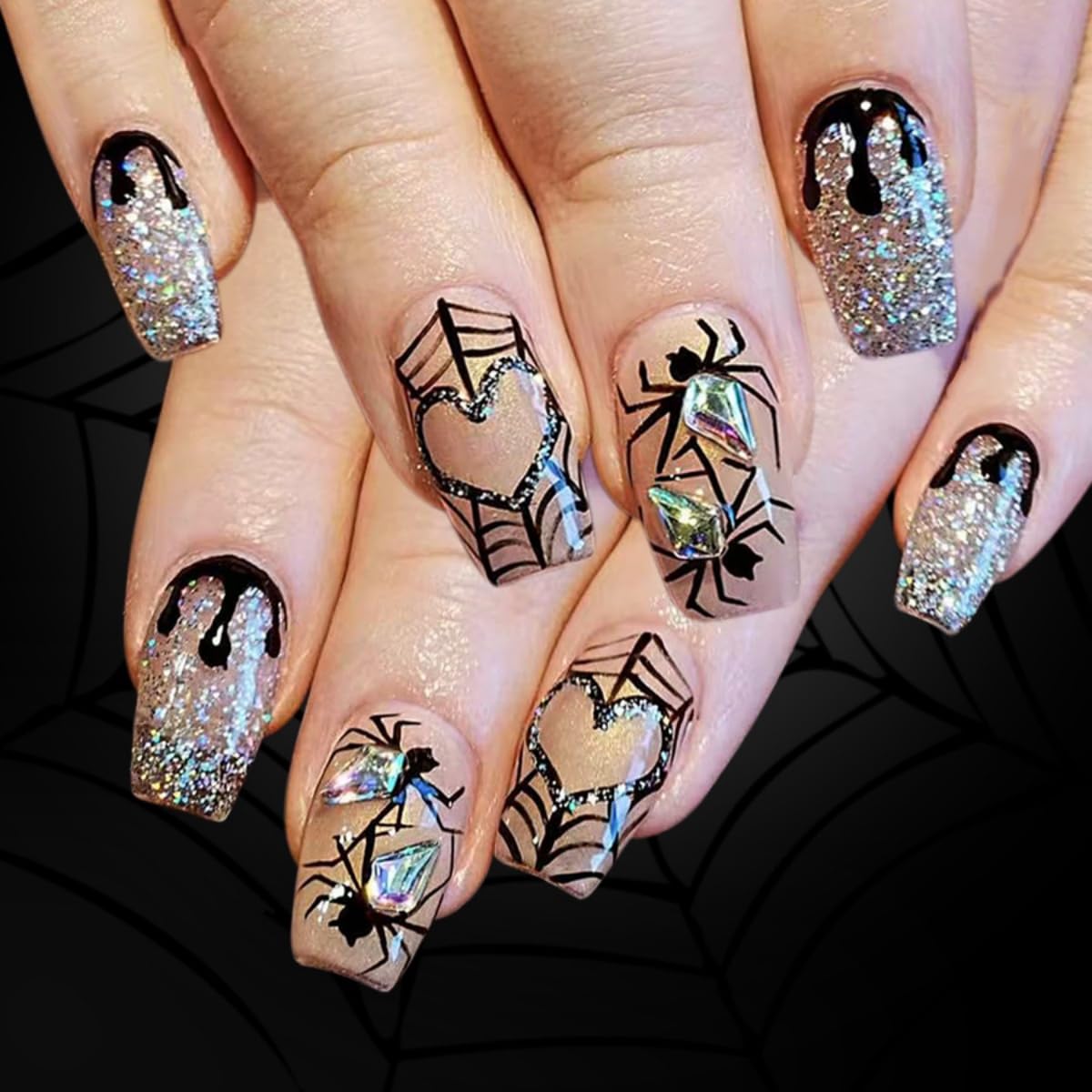 24Pcs Halloween Press on Nails Medium Square Fake Nails Spider and Spider Web Heart Design Stick on Nails Bling Diamond False Nails Full Cover Handmade Acrylic Glue on Nail for Women Manicure