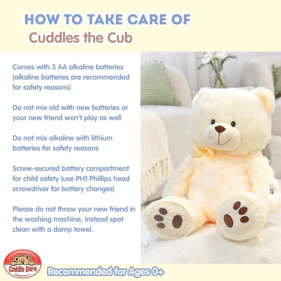 Cuddle Barn - Nite Brite Pals Cuddles the Cub | Large Glowing Musical Extra Soft Teddy Bear, LED Nightlight Changes Colors, Plays Brahm's Lullaby - Plush Bedtime Soother for Kids - 14 inches