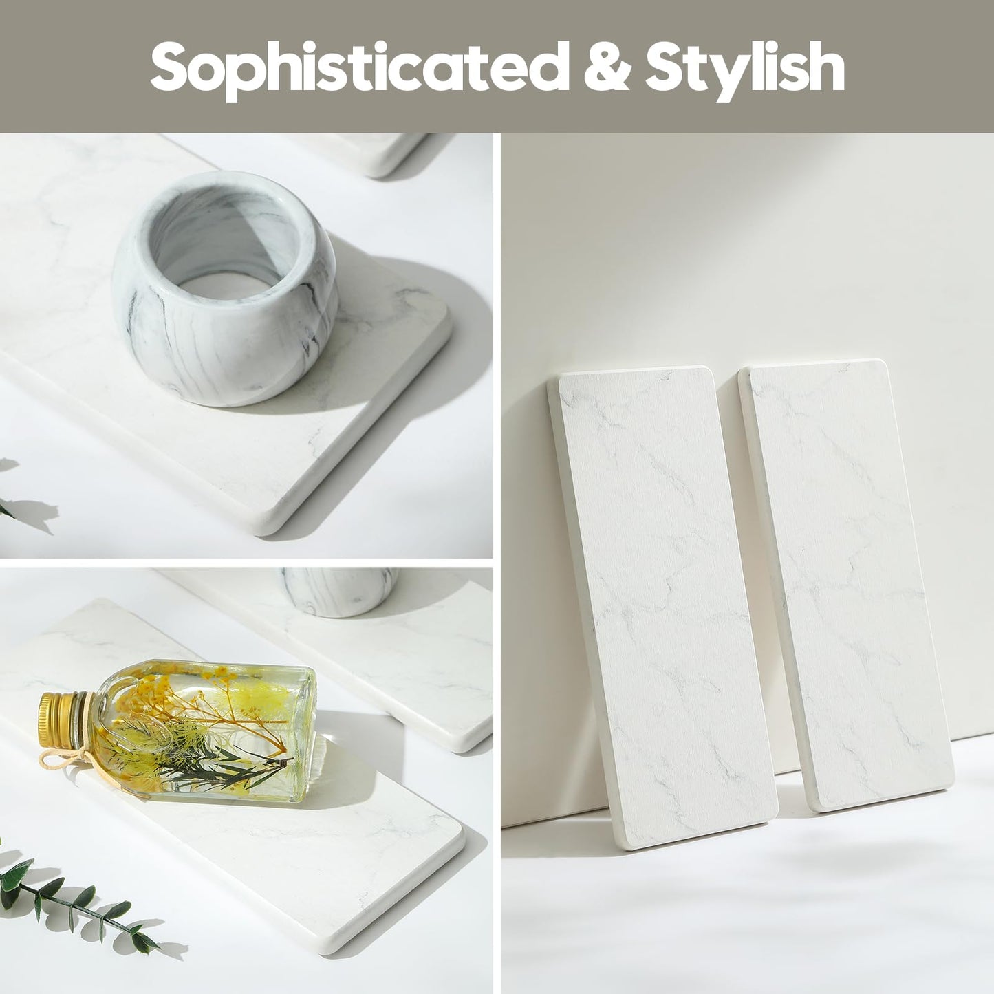2PCS Water Absorbing Stone Drying Tray for Kitchen Counter & Bathroom Sink, Diatomite Faucet Splash Guard, Soap Dispenser Rack & Sponge Holder Caddy Organizer, Marble White (Printed Pattern), 9"x 3.5"