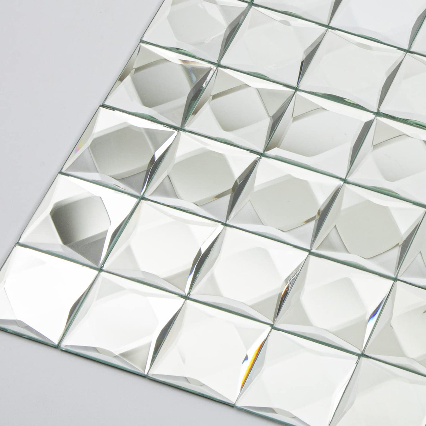 Lovdeco Peel and Stick 2" Mirror Glass Mosaic Tile 9 Faces Beveled Silver Crystal Mosaic Tile for Kitchen Backsplash, 12x10 Inch, 5 Sheets
