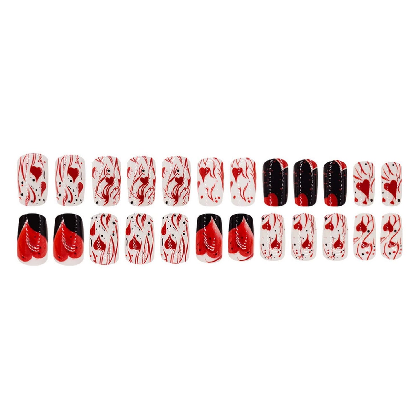 Valentine's Day Press on Nails Medium Length Fake Nails Black White Stick on Nails with Glossy designs Acrylic Nails Heart Love Stripe False Nails Full Cover Glue on Nails for Women 24pcs