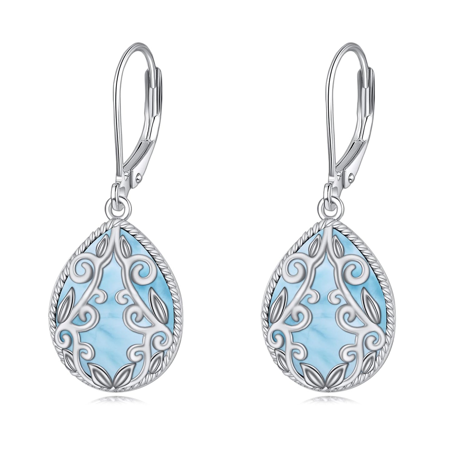 Larimar Earrings Sterling Silver Filigree Teardrop Boho Dangle Earrings Jewelry Gifts for Women