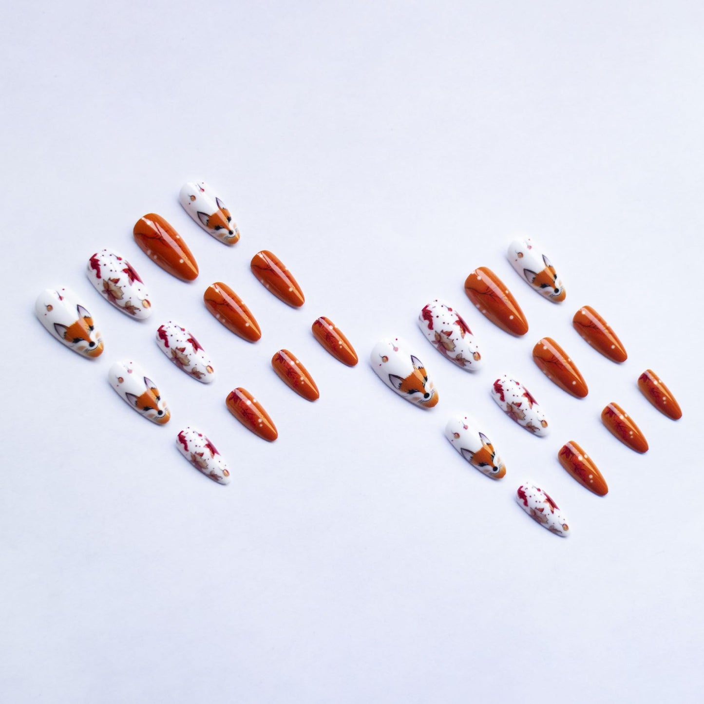 Almond Press on Nails Fall Medium Fake Nails with Cute Fox Designs Brown Maple Leaves False Nail for Women Full Cover Glossy Stick on Autumn Nail 24Pcs