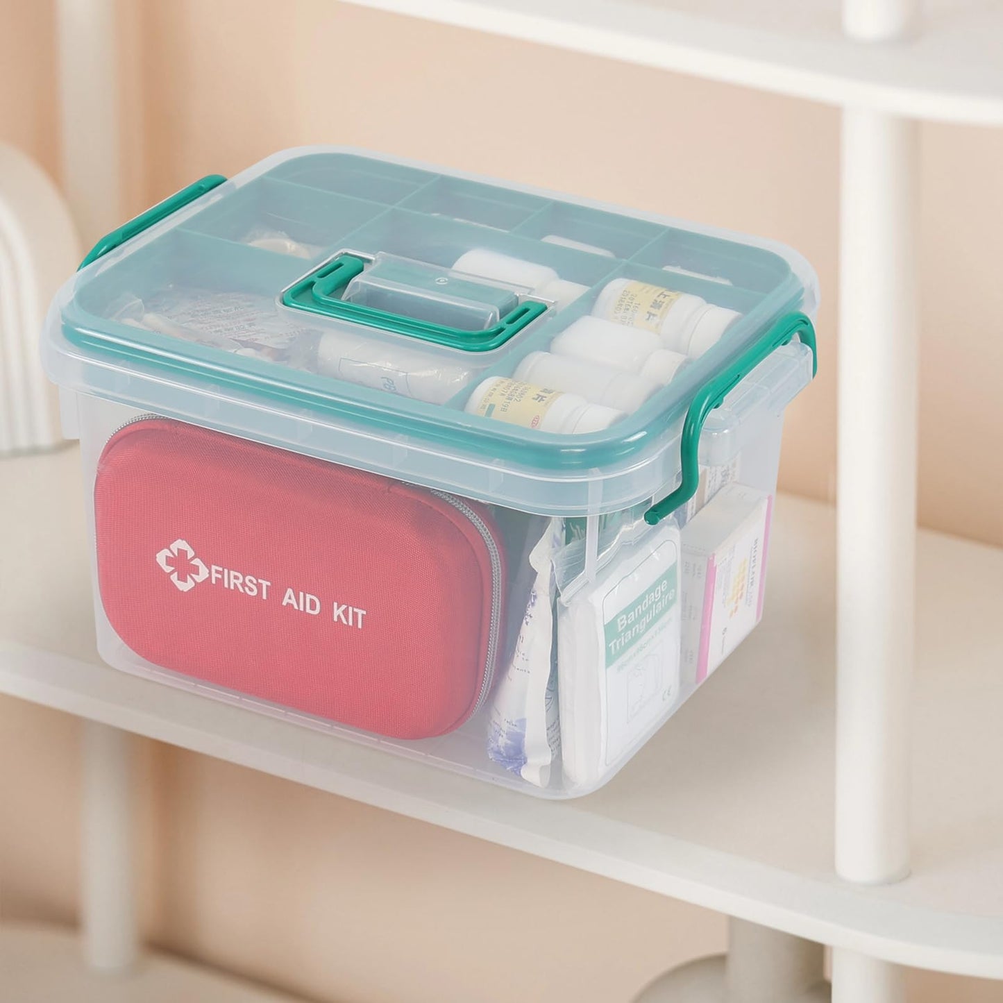 Waikhomes Plastic Divided First Aid Storage Box Kit, Portable Handled Medicine First Aid Box, Medicine Basic Organizer Holder