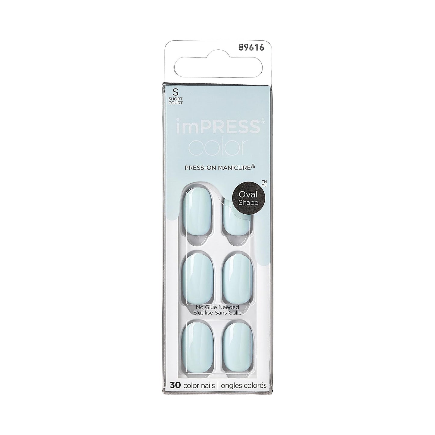 KISS imPRESS Color No Glue Mani 30 Pcs Press On Nails, Light Blue, Short Size, Oval Shape, Simple Peel & Press Easy Apply, Hassel-Free Removal, Essential Tools Included