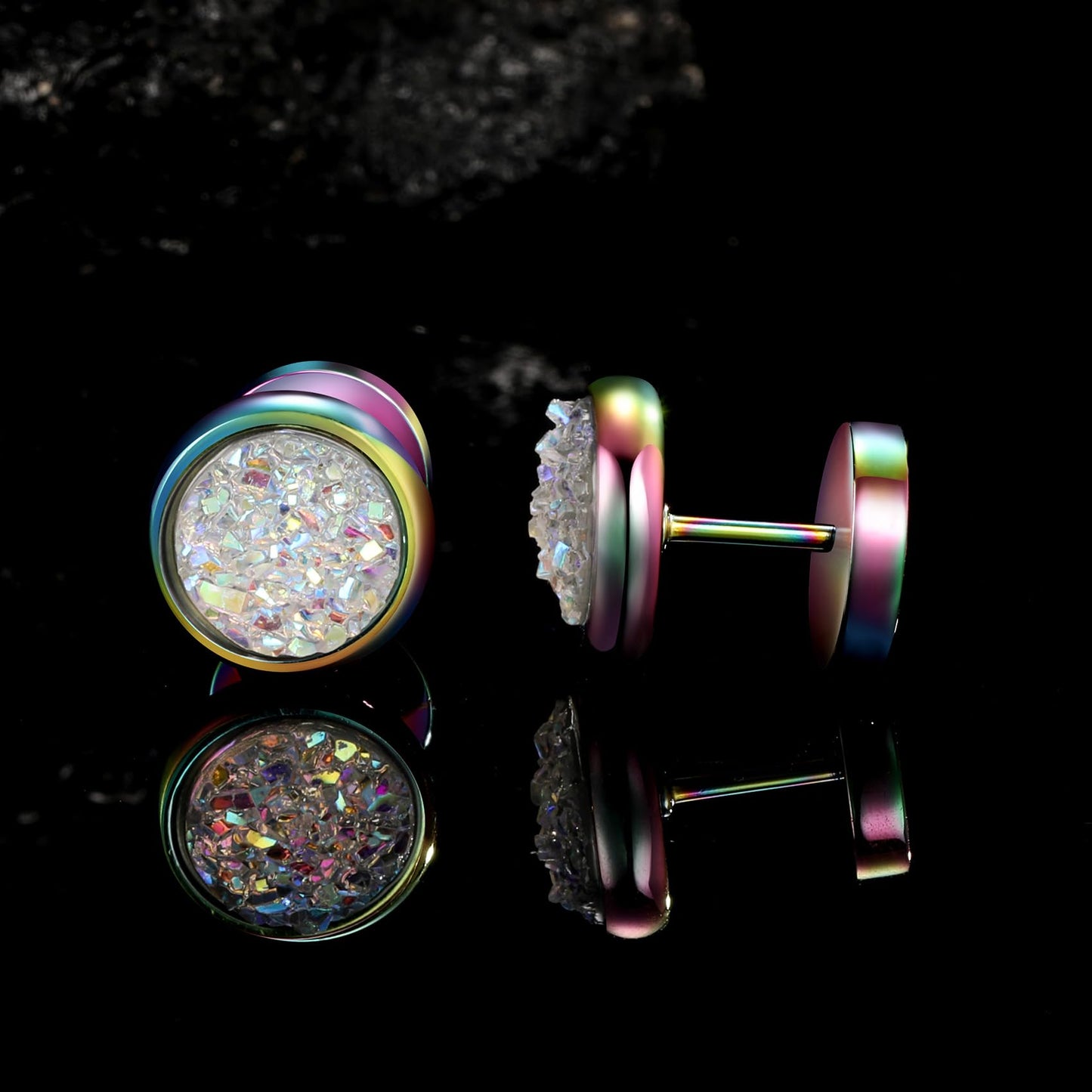 VOLUKA Crystal Stone Stud Earrings Flat Back Titanium Stainless Steel Hypoallergenic Cartilage Earrings Stud for Sensitive Ears Women Men(White-Rainbow)