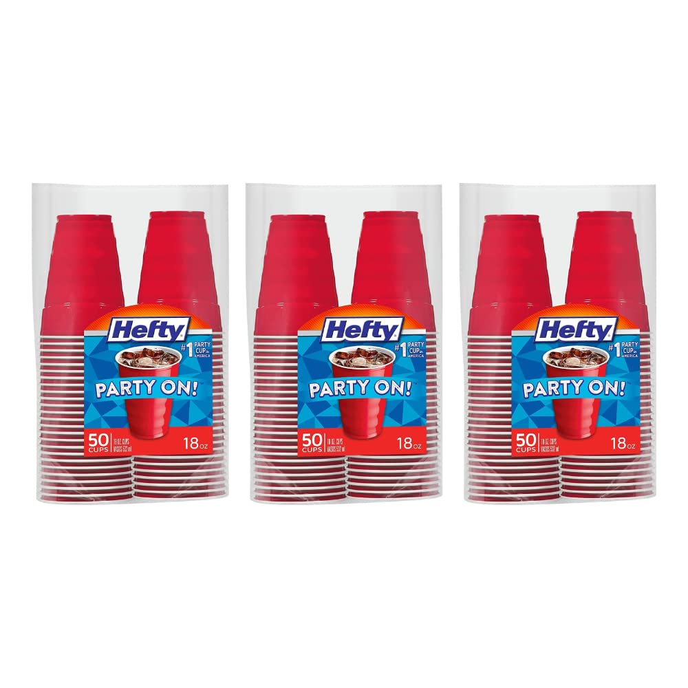 Hefty Easy Grip Disposable Plastic Cold Cups, Red, 18 Ounce (50 Count (Pack of 3))