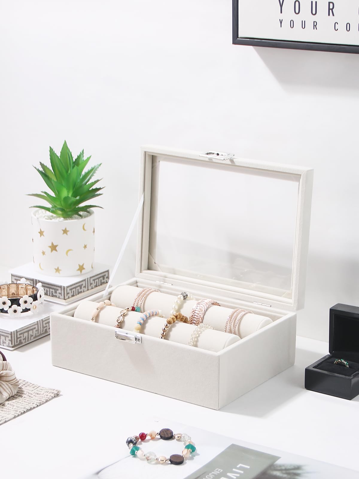 Kanwoder Bracelet Holder Organizer Box, Jewelry Storage Case with 2 Rods, Bangle Watch Display Tray for Women Girls (Beige)