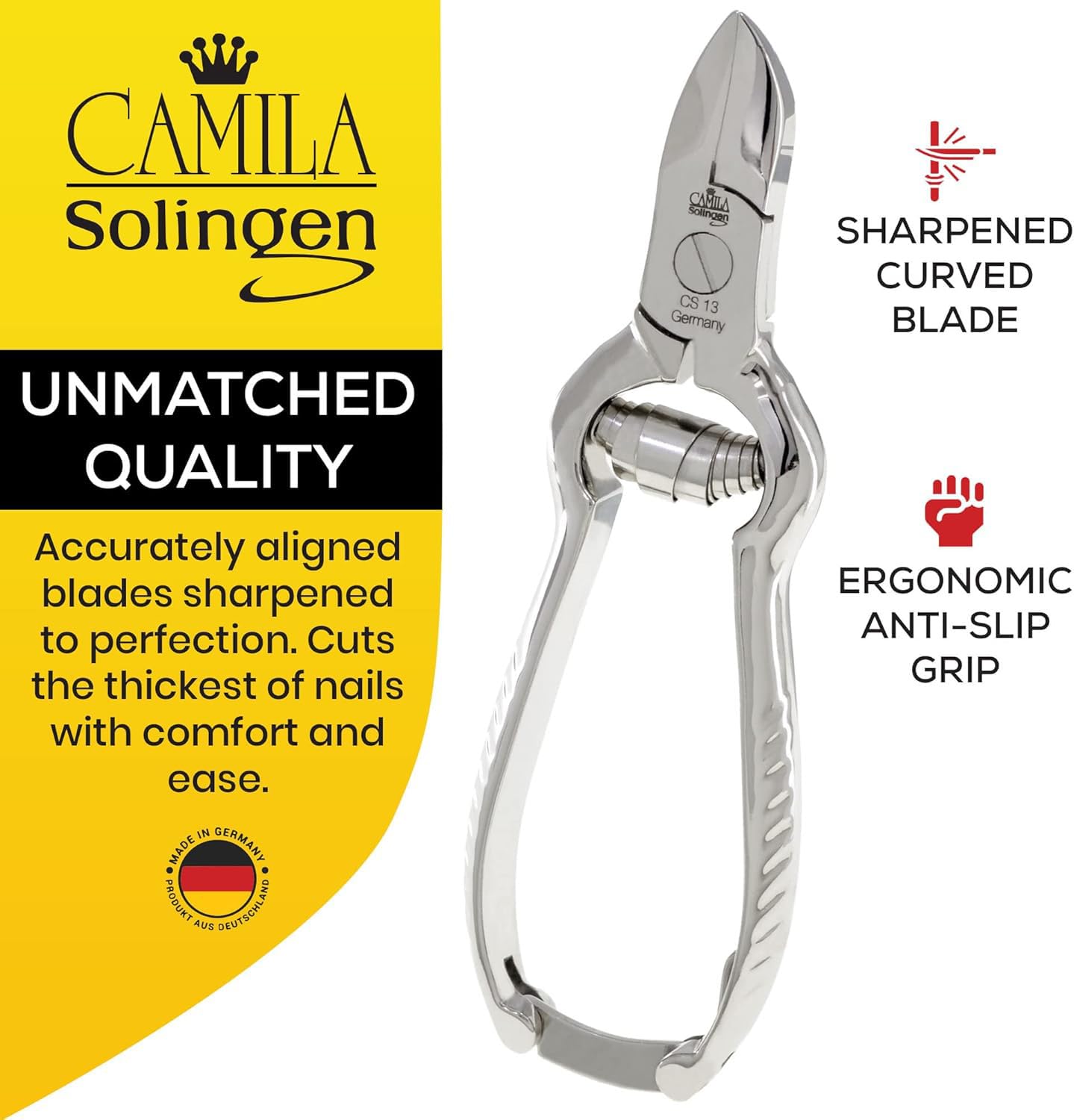 Camila Solingen CS13 Large Heavy Duty Toe Nail Clipper for Thick Toenails, Manicure & Pedicure, Double Barrel Spring. Super Sharp Trimmer Curved Carbon Steel 20mm Blade Made in Solingen, Germany
