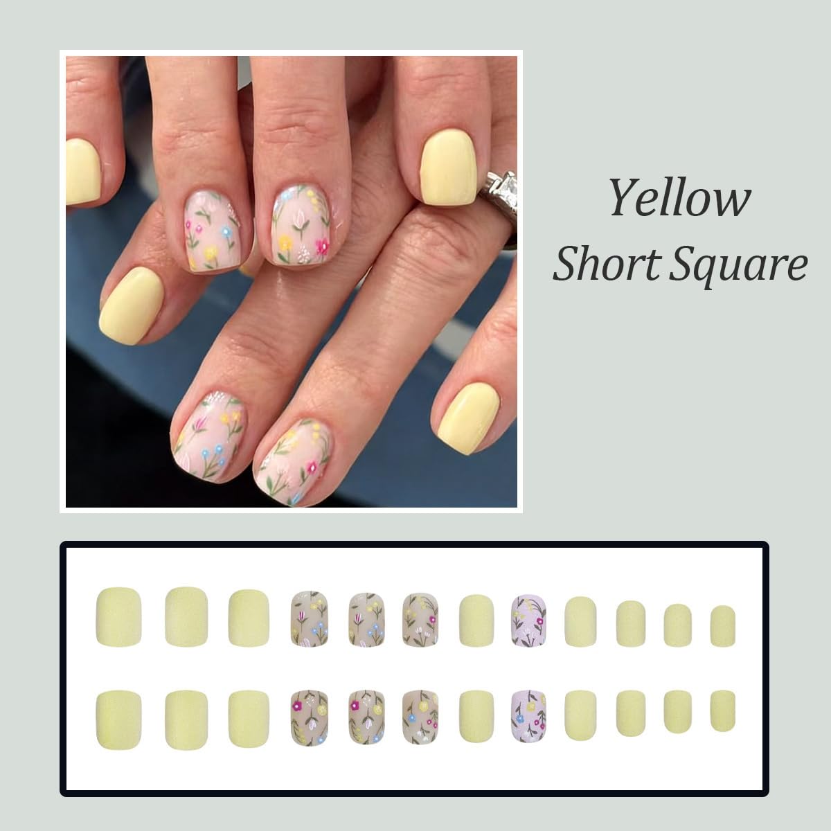 Yellow Press on Nails Short Square Fake Nails Spring Summer Nails Press ons with Wild Flower Design Full Cover Stick on Nails for Women Manicure,Matte | Reusable | Easy Apply | 24Pcs
