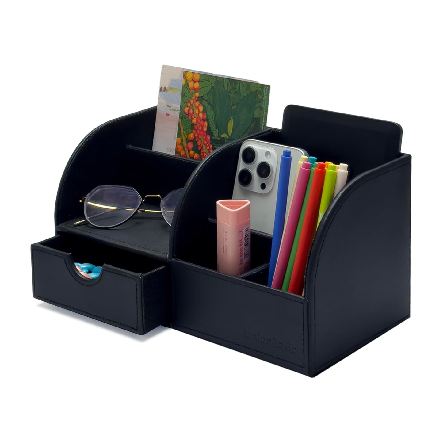 UnionBasic Desk Organizer - Multifunctional Leather Desktop Pen Holder Storage Box - Business Card/Pen/Pencil/Mobile Phone/Stationery Holder, Black
