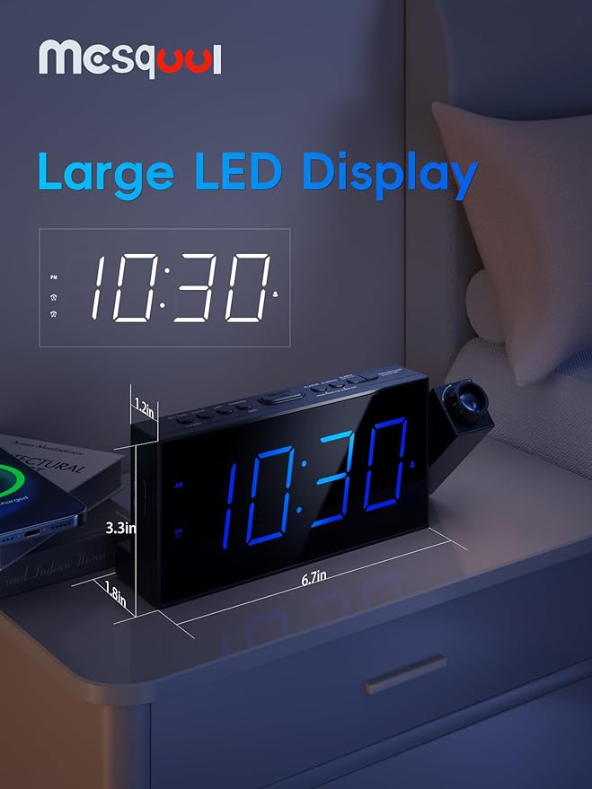 Mesqool Digital Projection Alarm Clock with Dual Alarms, 5 Levels Dimmer | 180° Rotatable Projector,12/24H & DST, Large LED, Snooze, with Battery Backup, Loud Alarm Perfect for Heavy Sleepers
