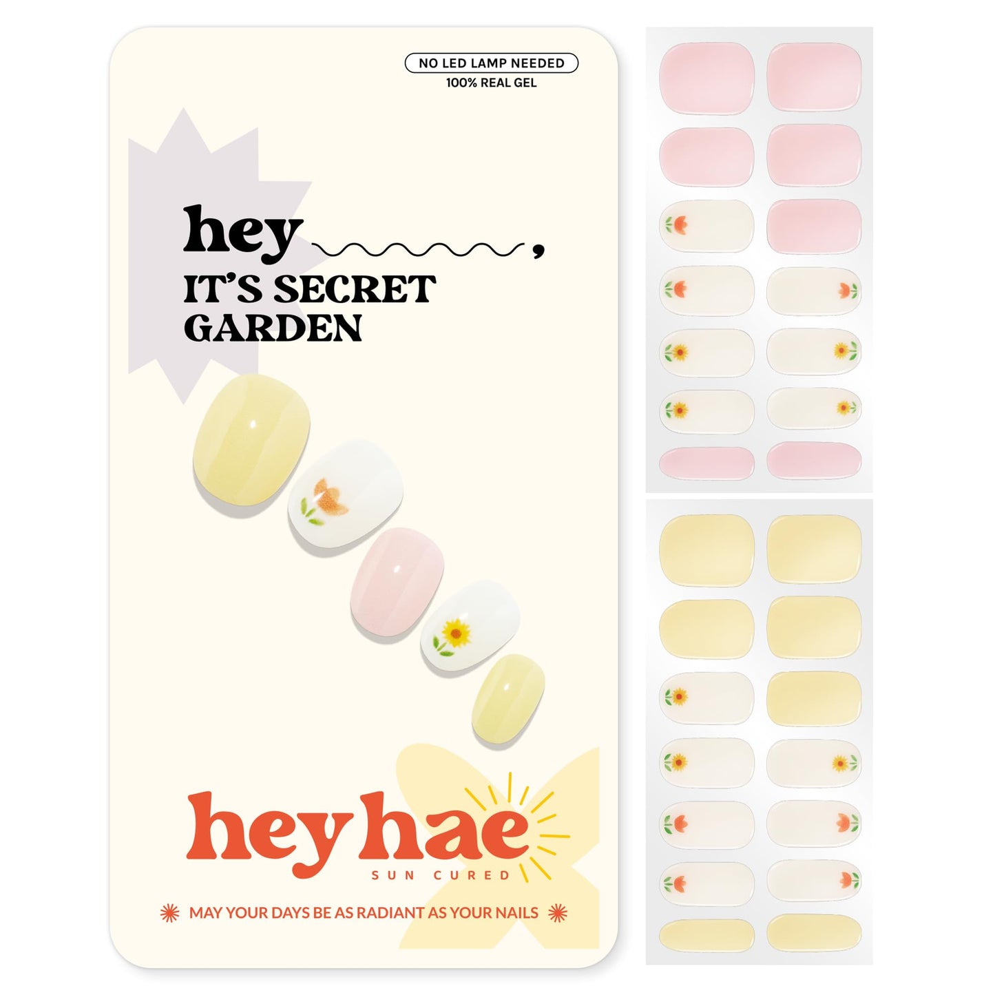 Heyhae Semi Cured Gel Nail Strips | No LED Lamp Needed |Yellow, Floral | Easy Apply & Remove, Salon Quality | Includes 28 Strips, 2 Prep Pads, Nail File & Wooden Stick - Hey, It’s Secret Garden