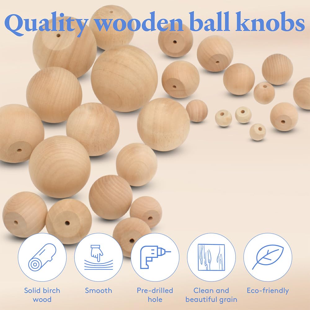Wood Knobs, 1.25 Inch Round Natural Wood Drawer Pulls, Pack of 12 Unfinished Wooden Drawer Knobs, Ball Shaped Wood Cabinet Knobs, Nursery Dresser Knobs, Wood Door Knobs and Crafts
