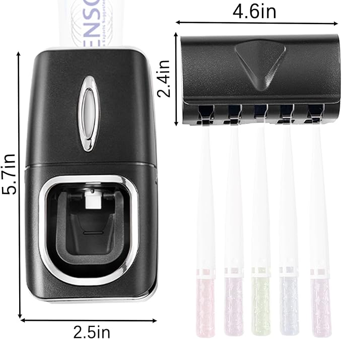 Toothbrush Holder and Toothpaste Dispenser Set, Automatic Toothpaste Squeezer Dispenser, Dispenser Toothpaste Squeezer Kit, Wall Mounted Bathroom Accessories (Black)