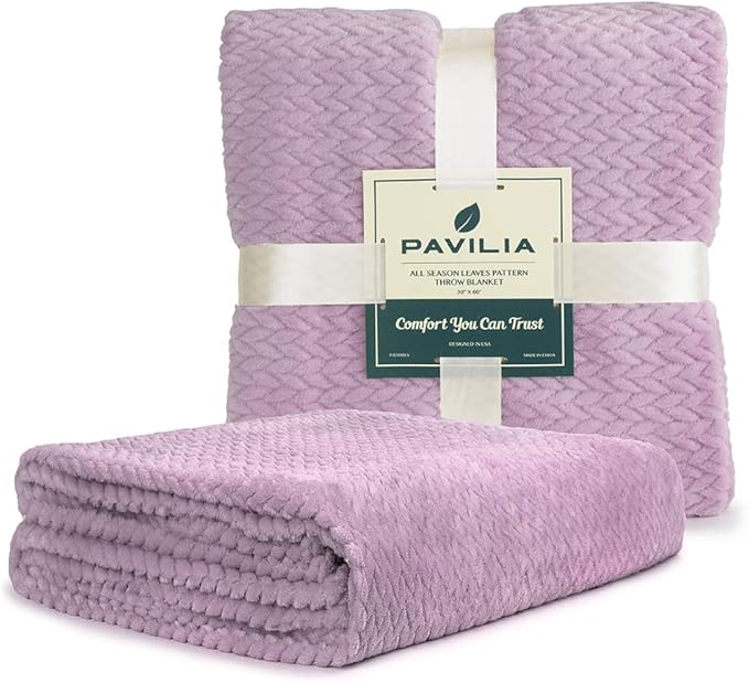 PAVILIA Soft Fleece Lavender Lilac Throw Blanket for Couch, Lightweight Plush Warm Blankets for Bed, Fuzzy Cozy Flannel Blanket Throw for Sofa, Travel, Jacquard Pattern, Light Purple, 50x60 inch