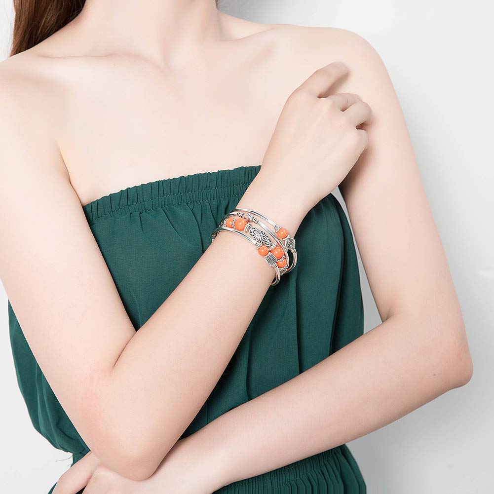 BULINLIN Layered Wrap Bangle Turquoise Bracelet - Bead Bracelet with Natural Agate Stone, Gifts For Women (08-Orange)