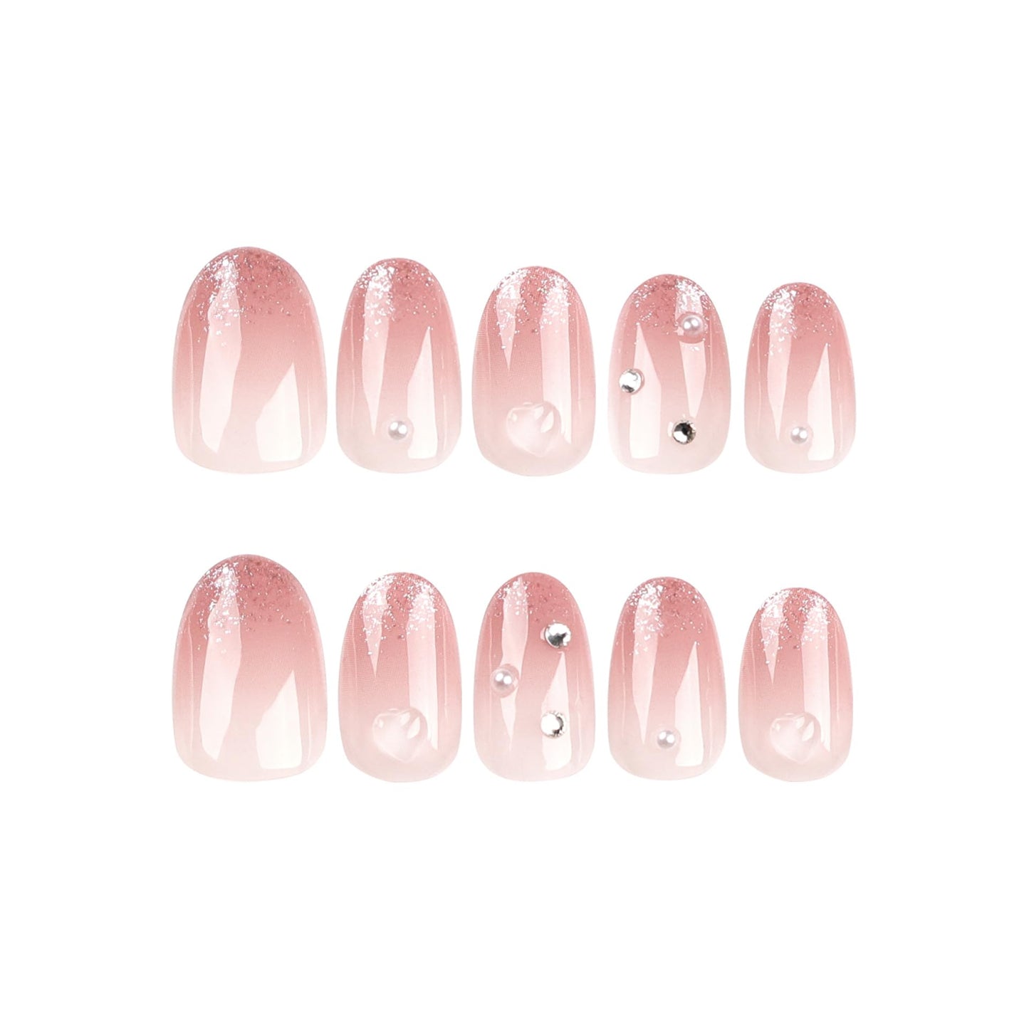 ORZOLATENT Medium Oval Press on Nails - Nude Pink Jelly Gradient Glitter False Nails, Fairy Shimmer Acrylic Nails with Rhinestones & Adhesive Tabs, Elegant Salon Finish for Brides (24 Pcs)