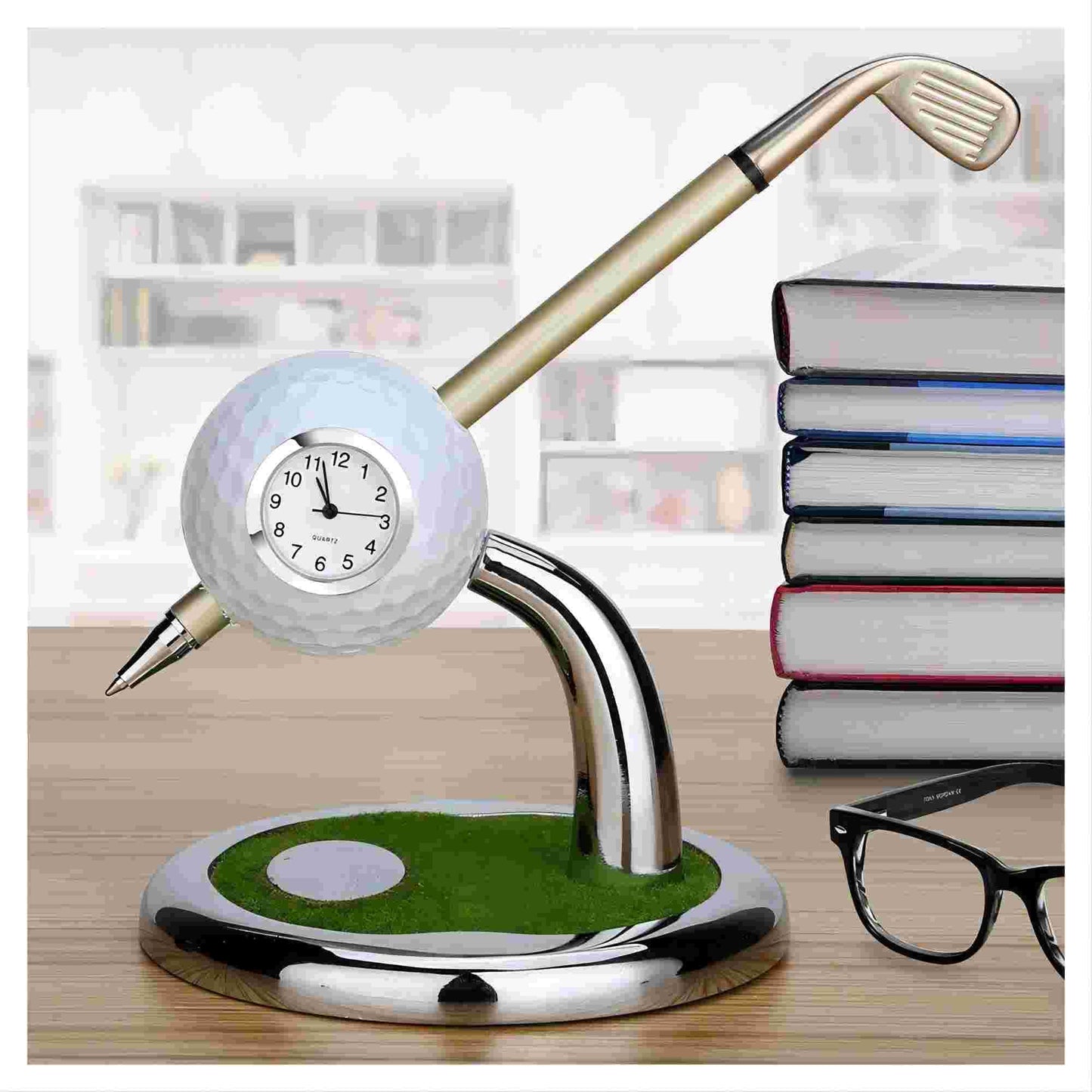 10L0L Golf Pen Holder with Clock Unique GIfts for Men, Mini Desktop Holder, Compatible with Enthusiasts Funny Business Gifts Includes Pen Set of 2 Office Desk Accessories- White
