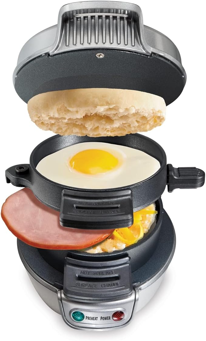 Hamilton Beach Breakfast Sandwich Maker with Egg Cooker Ring, Customize Ingredients, Perfect for English Muffins, Croissants, Mini Waffles, Perfect White Elephant Gifts, Silver (25475)