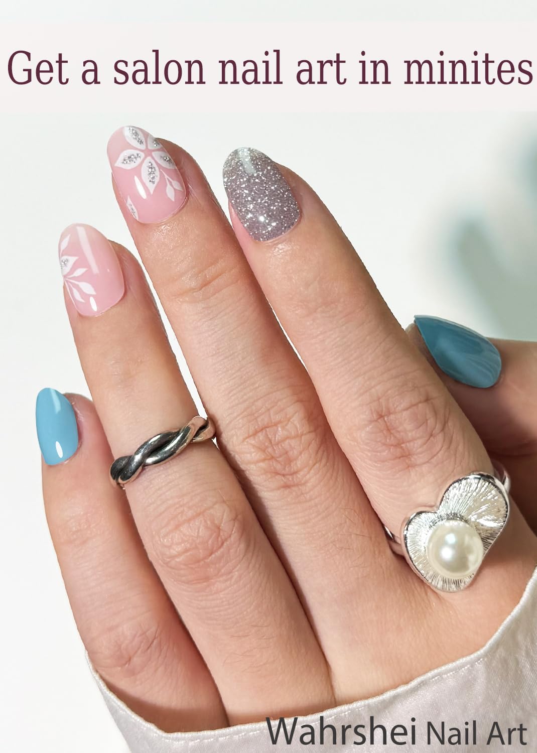 Semi Cured Gel Nail Strips, No LED Lamp Needed, Blue Glitter Flower Gel Nail Stickers, Wraps for Home Manicure DIY