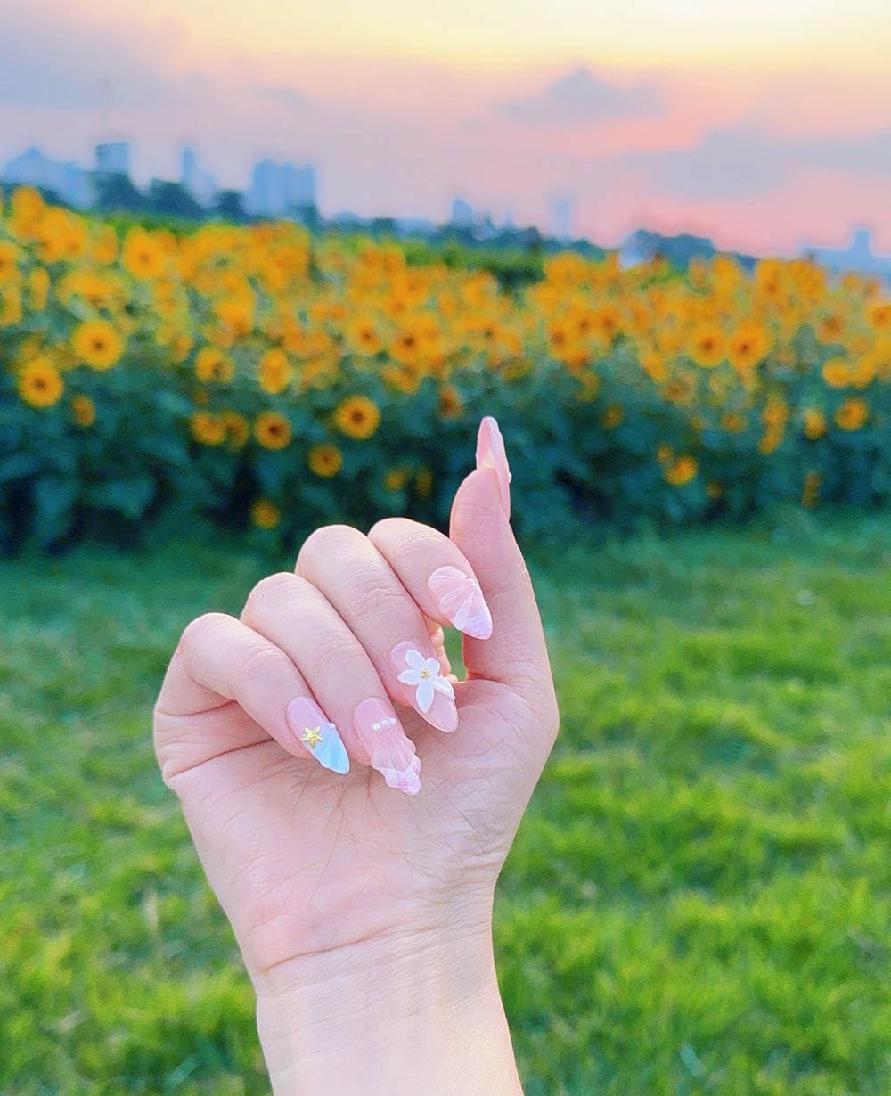 10Pcs Medium Almond Handmade Press On Nails | Easy Apply & Remove, Reusable Salon Quality Nails | Sheer Nude Beach Themed Fake Nails with 3D Seashell & Floral Accents (A022, S)