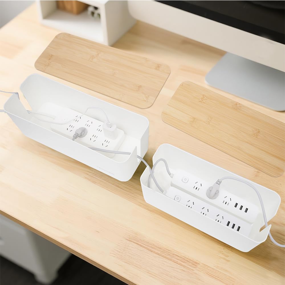 2 Pack Cable Management Box – Child and Pet-Proof Cord Organizer with Bamboo-Style Design, Large Capacity Cable Cover for Hiding TV Wires, Computer Cables, Power Strips,and USB Hubs, White