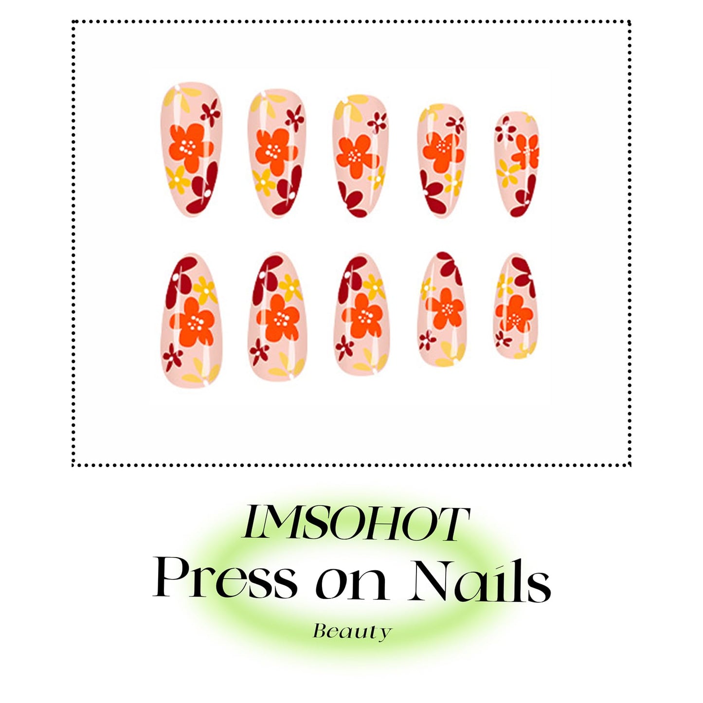 IMSOHOT Fall Press on Nails Almond, Medium Glossy Acrylic Fake Nails, Reusable Nail Kit with Nail Glue, Full Cover Orange Brown False Nails with Flower Designs, 24Pcs