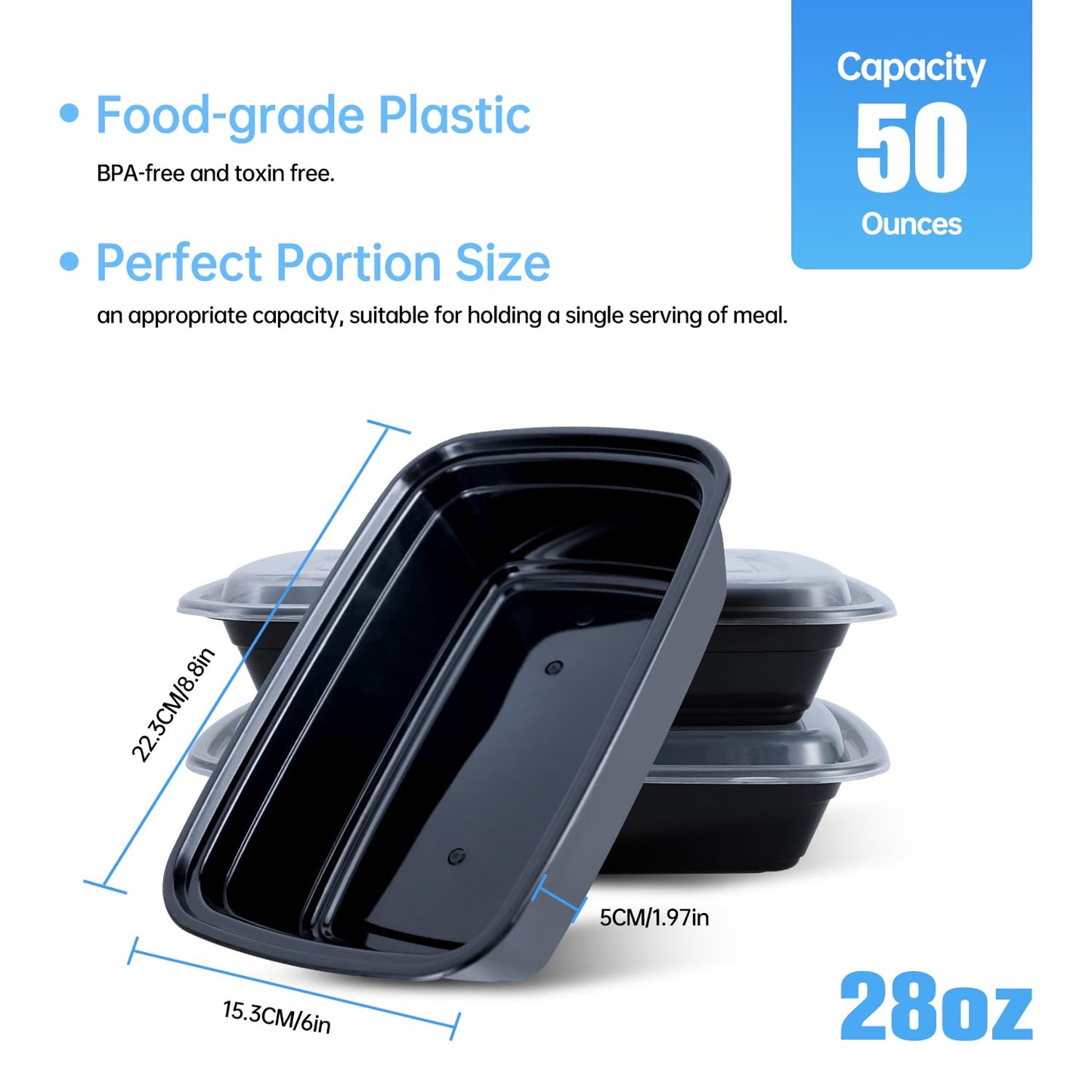 Meal mates 50 Pack (100-Piece) 28oz Meal Prep Containers, 50 Pack (100-Piece) Rectangle,BPA-Free, Food Safe & Leakproof Reusable Plastic Food Storage – Microwave Safe, Stackable Takeout Boxes