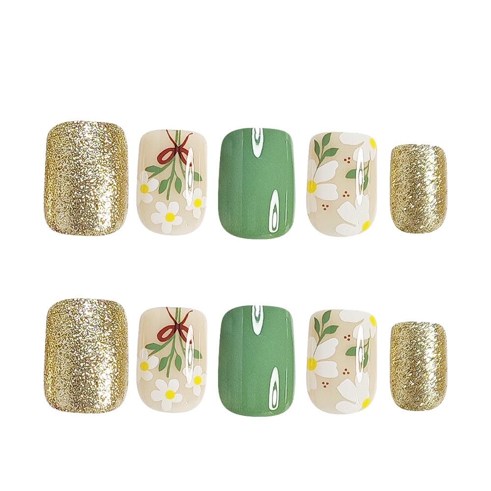 Short Press on Nails Square - Green Fake Nails with Flower Design - Spring, Glitter Full Cover Stick on False Nails for Women - 24 Pcs