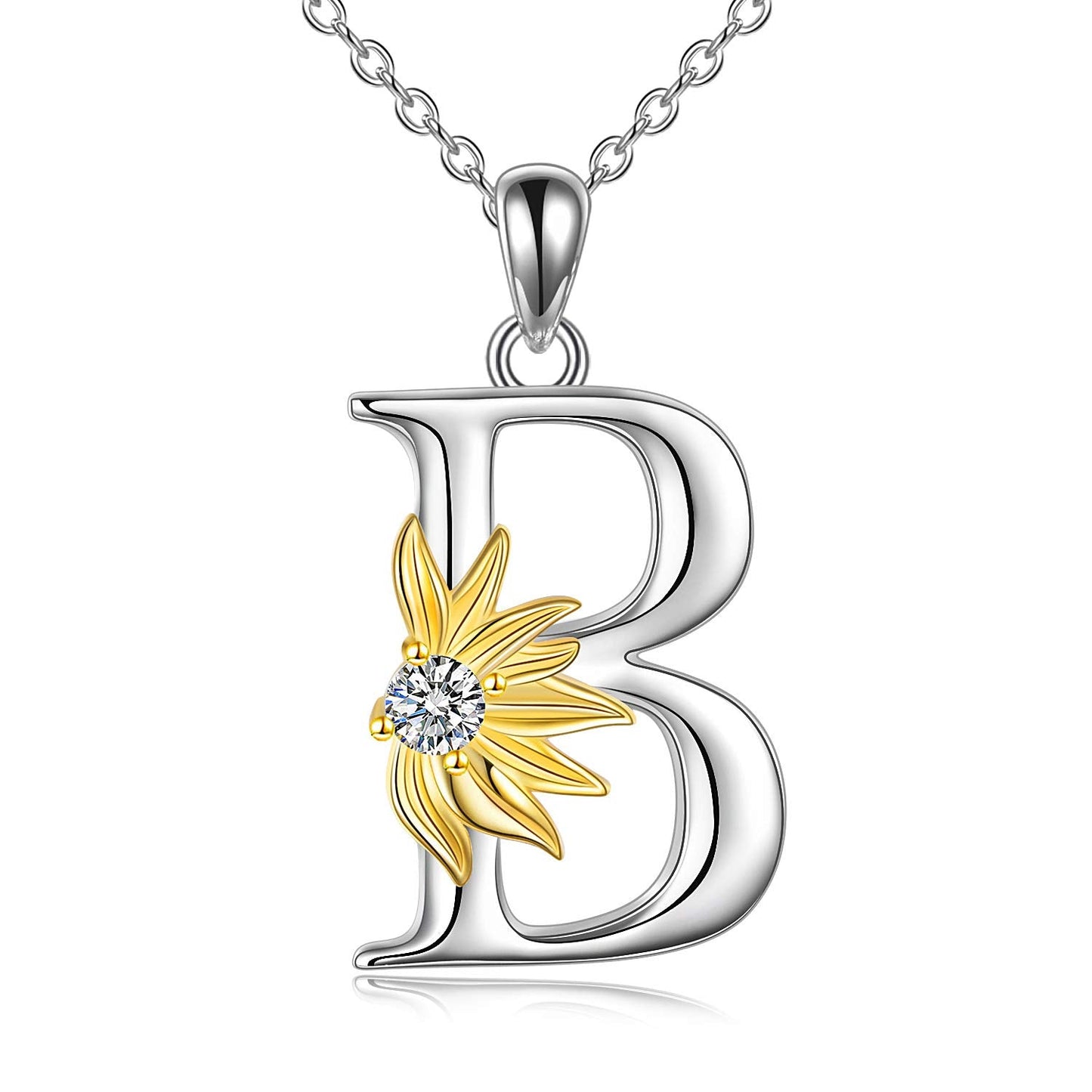 POPLYKE Sterling Silver Initial Alphabet Letter B Script Name Pendant Chain Necklace for Women for (Sunflower B)
