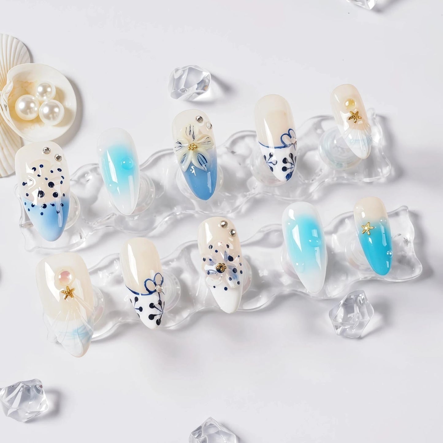 Tesytto Blue Ombre Press on Nails Medium Almond - 3D Ocean Ripple French Tip, Handmade Tropical Shell Polka Dot Flower Summer Vacation Nails (Big Island-B,M)