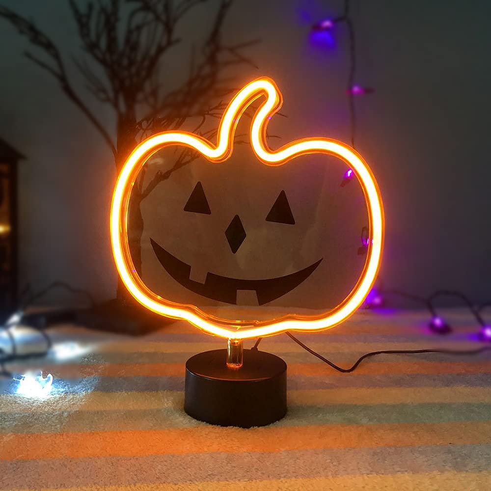 Orange Glowing Pumpkin Neon Sign, Halloween Decor - USB or Battery Powered Table Light